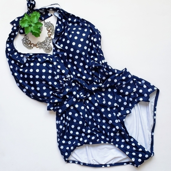 Modcloth The Reese One-Piece Swimsuit Halter Ruffle Polka Dot Navy Blue Size 3X - Picture 1 of 14